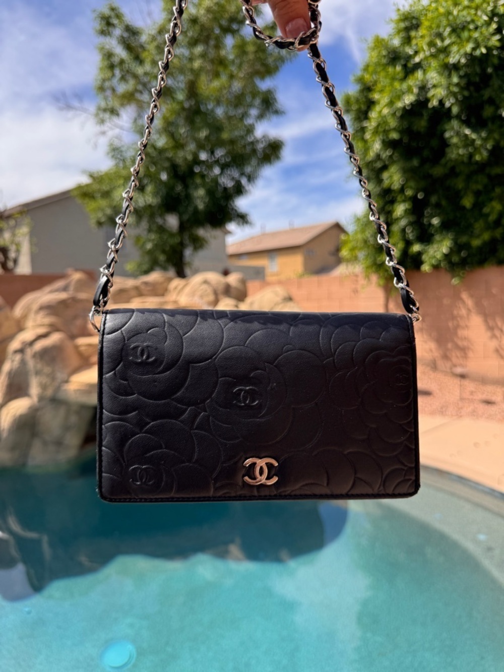 Authentic CHANEL Black Camellia Quilted Leather Shoulder Bag with Chain Strap